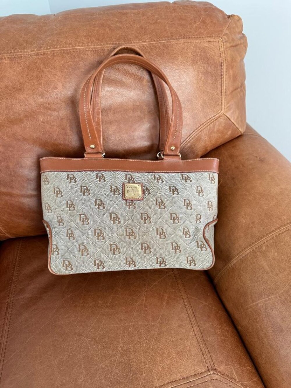 Dooney & Bourke Signature DB Monogram Tote Bag Beige Brown Leather Trim